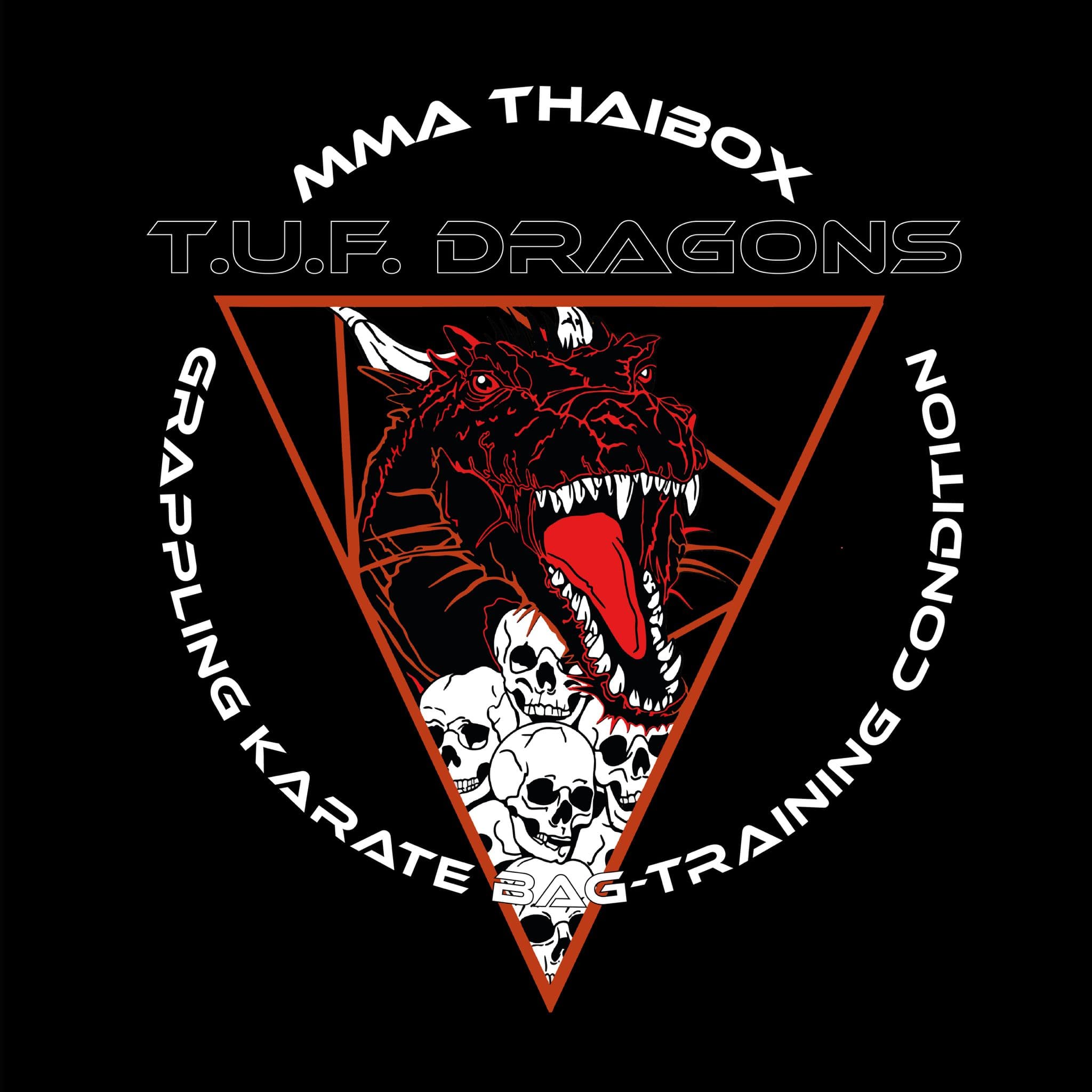 Logo van T.U.F. Dragons: een draak boven een omgekeerde driehoek